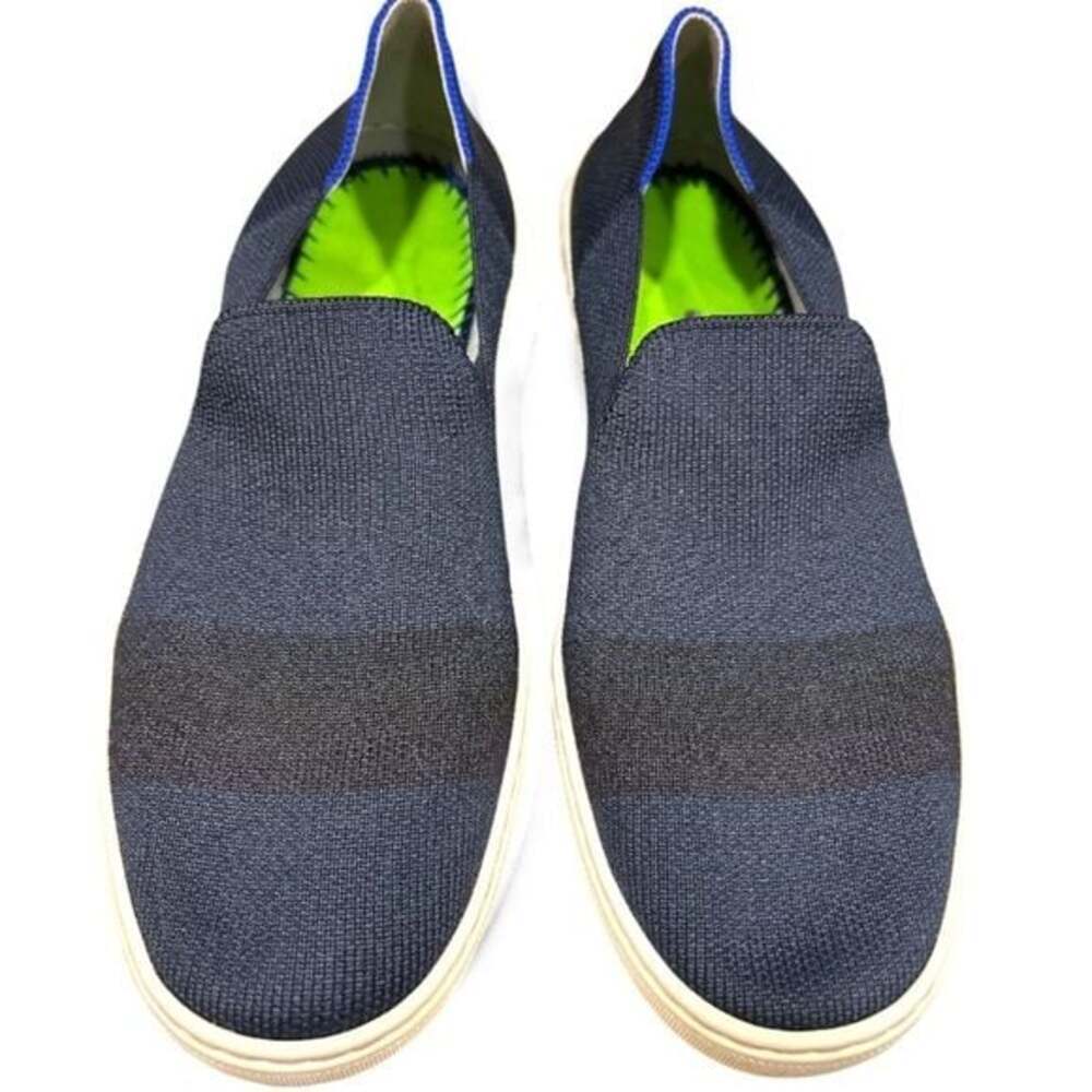 🏷️ Rothy’s The Original Slip On Sneaker Navy Black and Maroon Stripe Size 8W